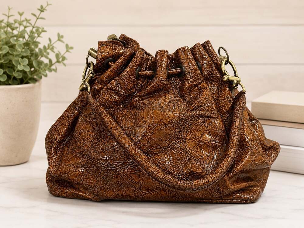 Y2K Vicky Tcherassi Brown Crinkle Patent Leather Drawstring Bucket Shoulder Bag - Picture 2 of 7